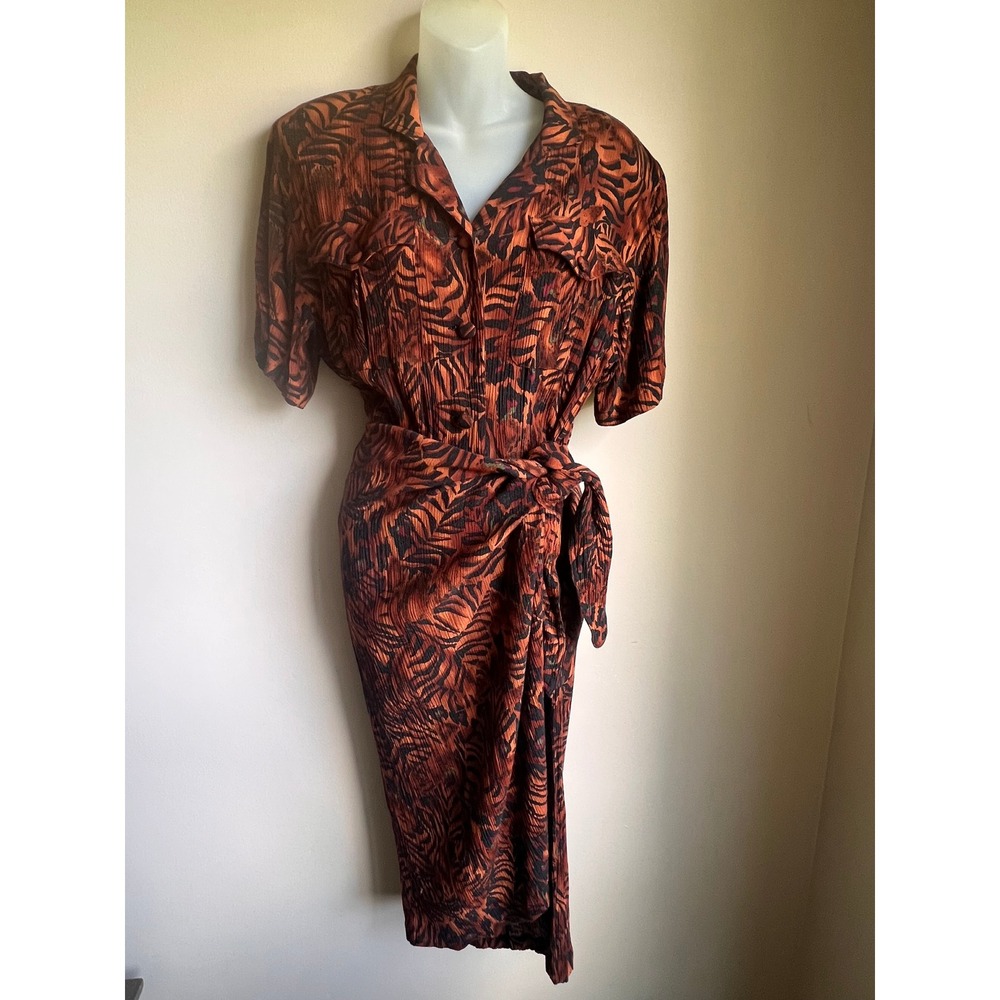 90s Animal Print Safari Faux Wrap Dress Brown Black Size 6 Karin Stevens Y2K